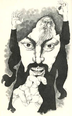 Illustration of Merlin blending into the body of another enchanter with a malicious look on his face