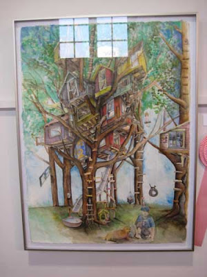 Watercolor of a colorful, multi-roomed tree house