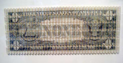 Oversized money that says NONE instead of ONE, seen through clear plastic pills