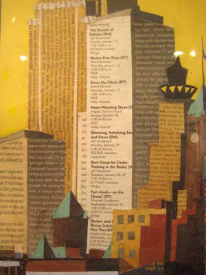 Close up showing the image is made of newsprint with words