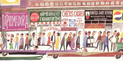 Illustration of small businesses with interesting signs, many passersby