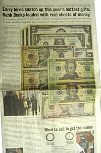 Full page ad that appears to be covered in life-sized $20, $10, $5, $2 and $1 bills