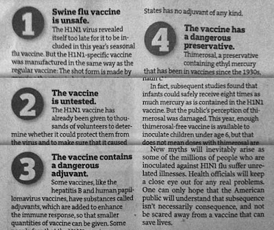 Article with bold subheads 1 Swine flue vaccine is unsafe, 2 The vaccine is untested, 3 The vaccine contains a dangerous adjuvant, 4 The vaccine has a dangerous preservative
