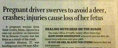 Long detailed headline explaining woman lost fetus after her car collided with a deer