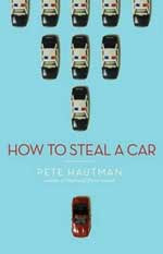 Blue cover of How to Steal a Car shows a small red car followed by a pyramid shape of police cars