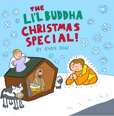 Li'l Buddha Christmas Special art with Li'l Buddha floating in front of a manger scene
