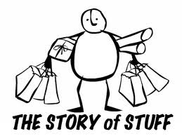 Story of Stuff graphic showing a cartoon person carrying lots of shopping bags