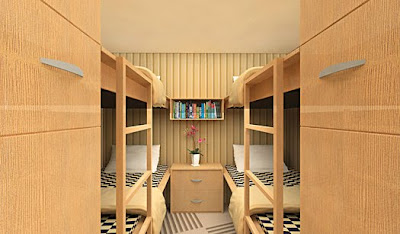 Four bunk beds, sort of like a Scandinavian four-bed ferry compartment