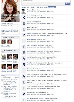 Sarah Palin's Facebook page, with the words KEEP FEAR ALIVE spelled out using the profile pictures of 15 consecutive wall posts