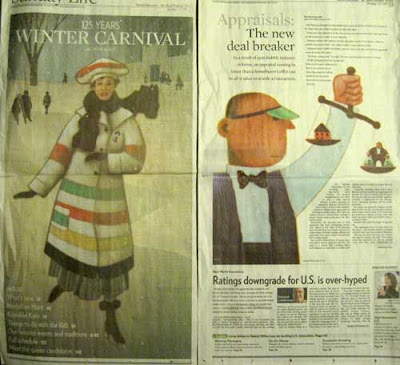 Two large color illustrations by Kirk Lyttle, one of a woman ice skating for the Winter Carnival, the of an accountant with a green eyeshade weighing money vs. a house