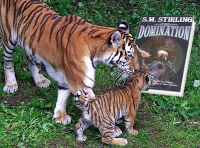 Altered photo of an adult and tiger and tiger cub looking at a copy of S.M. Stirling's The Domination