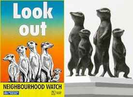 Look Out, Emin About! (Neighbourhood Watch logo and Tracey Emin's Meerkats Model 2008 photo James O Jenkins)