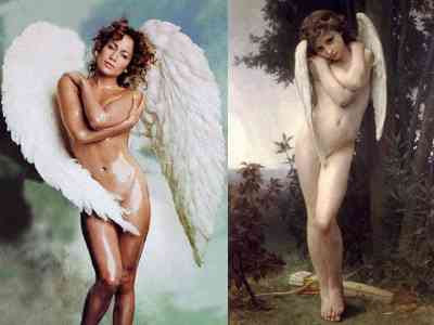 Jennifer Lopez posing as Bouguereau's Wet Cupid (1891)