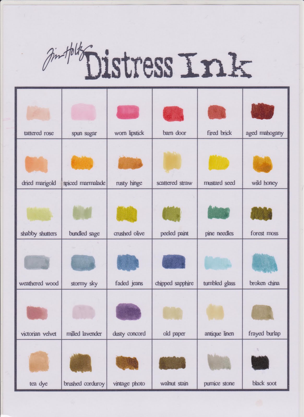 Tim Holtz Distress Ink Pads Colour Chart