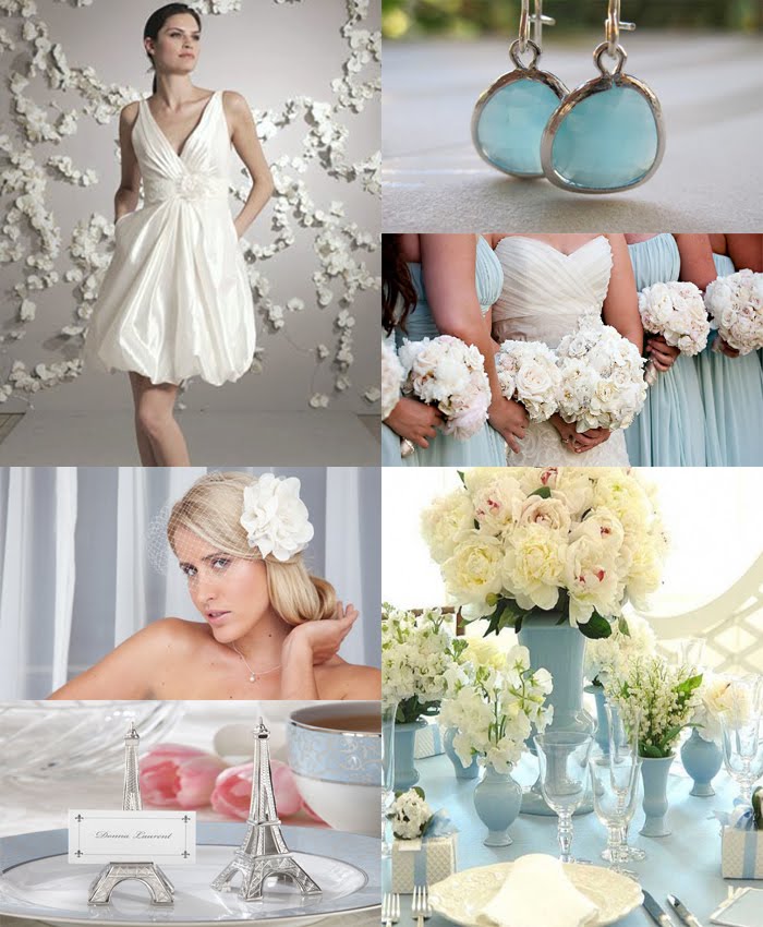  a chic wedding motif using light blue think sky with accents of silver 