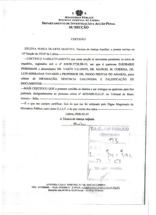 CERTIFICATO DELLA PROCURA DELLA REPUBBLICA DI LISBONA.