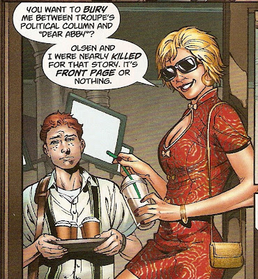 Cat Grant, folks, modeling the new 'Power Girl' line of ridiculously inappropriate work attire