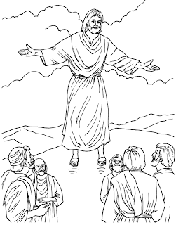 Jesus Christ ascension into the sky with mountains and water background coloring page with twelve apostles and people praying and worshiping him free Christian inspirational religious photos and images download
