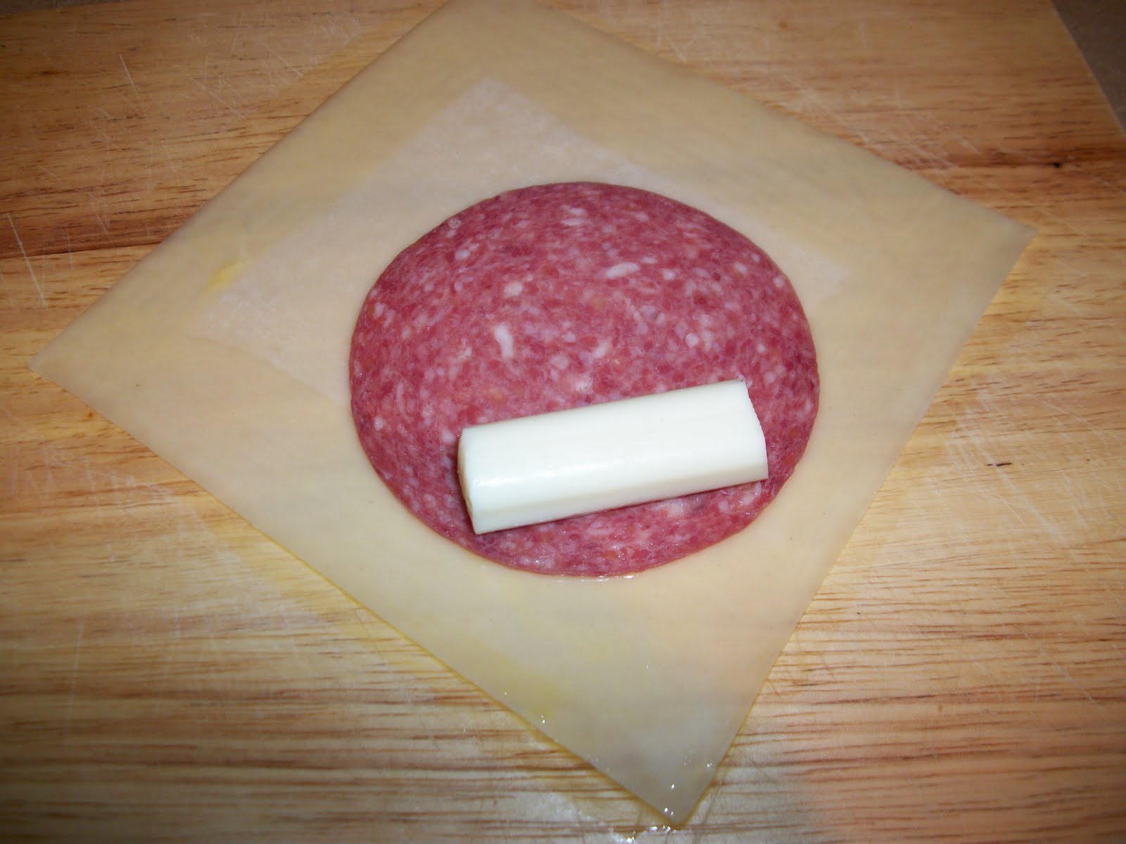 Kaitlin in the Kitchen Egg Roll Wrapped Salami Mozzarella Sticks