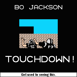 Is this some closet Tecmo racism here? Clearly neither of those dudes is Bo Jackson. Why isn't Bo allowed to celebrate his own touchdown? And even if it's a programming limitation, guess what? Not a single running back in Tecmo Bowl is white. This picture is guaranteed insulting to every team in the game. Bo Knows.