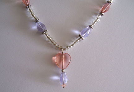 Pink Glass Heart & Purple Glass Pendant Necklace (close-up)
