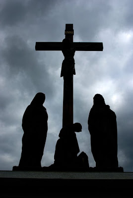 Silhouette of the monument in the center of the Notre Dame Cemetery in South Hadley, MA