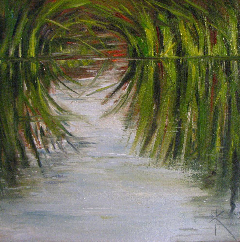 Kim Blair Landscape Painting of Marshland, Green Reed Reflections, by