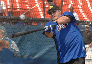 Kevin James taking batting practice at Shea Stadium