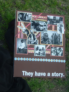 pictures of Ugandan children on a board with the words ''They have a story.'' at the bottom