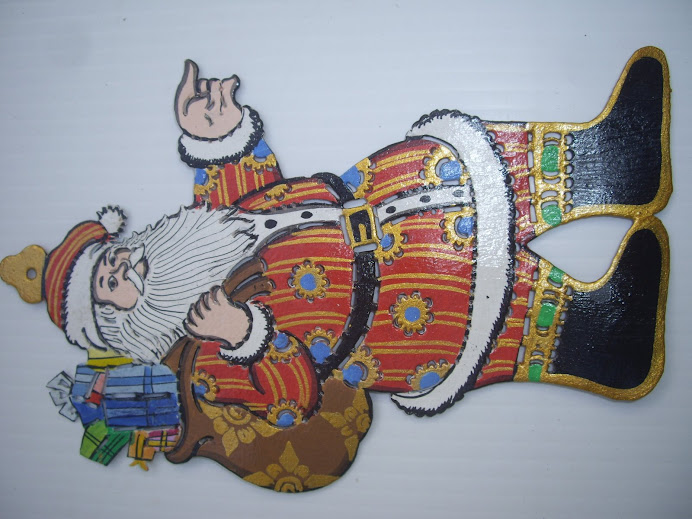 SANTA CLAUS CARRYING SACK OF PRESENTS--HANDMADE IN BALI, WAYANG KULIT-STYLE, HANGING TREE ORNAMENT