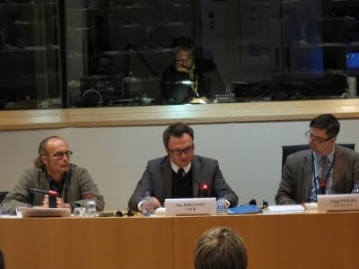 MEPs Claude Turmes and Dan Jorgenson and moderator Leigh Phillips