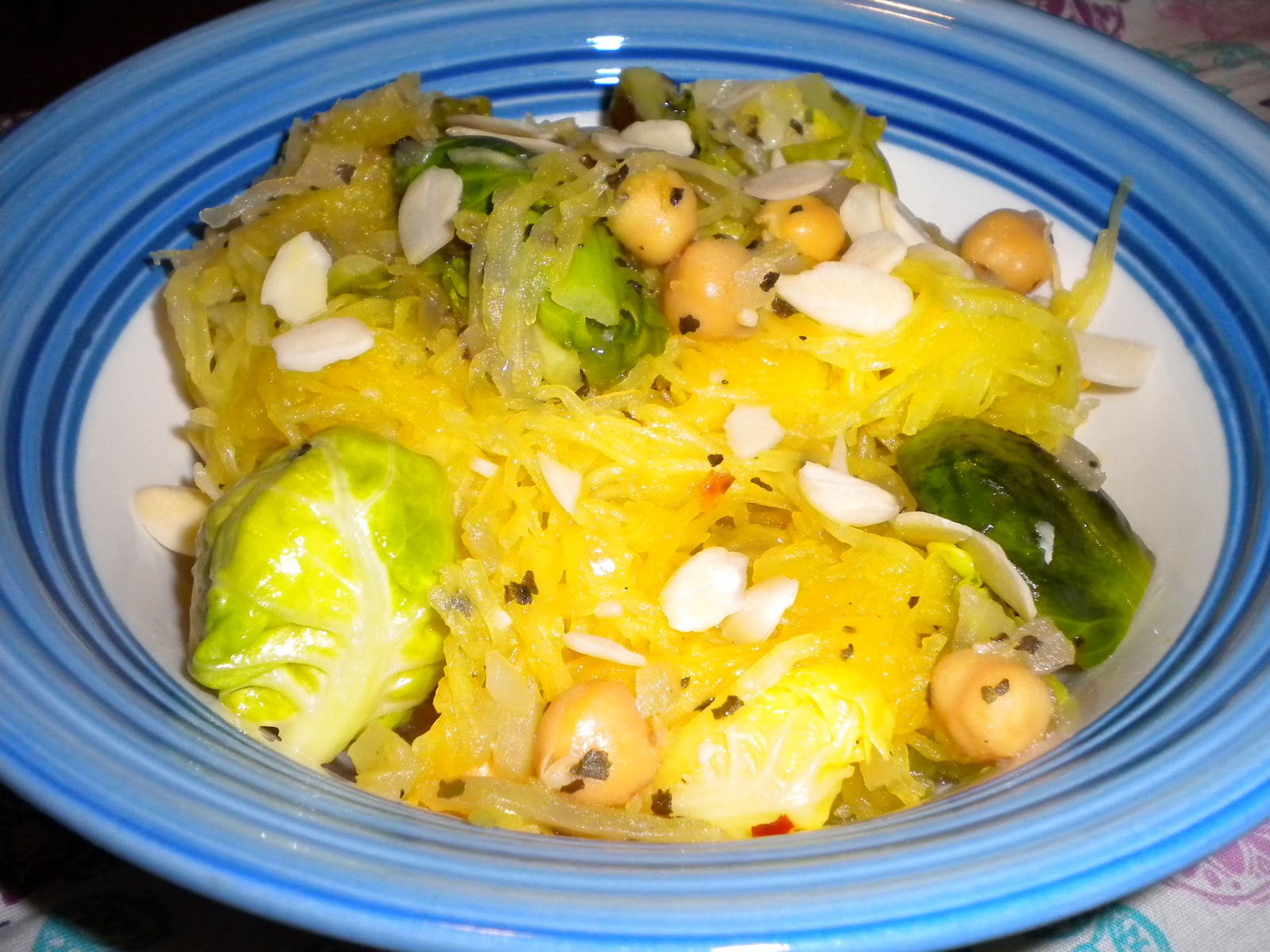 Charm City Vegan Spaghetti Squash with Roasted Brussels Sprouts and Chickpeas