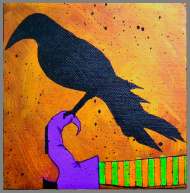 painting of a crow perched on a witch's foot
