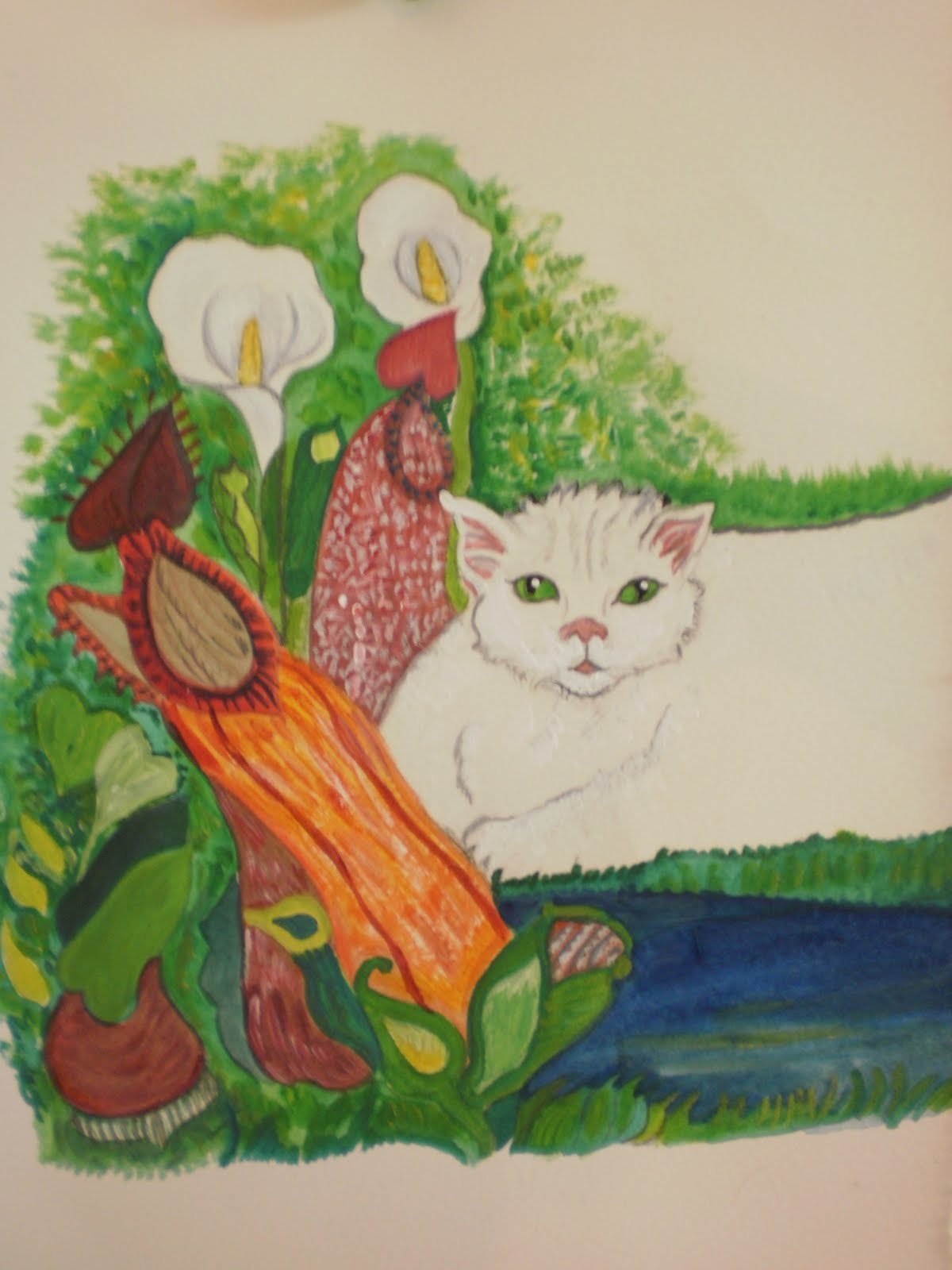 Art Anecdotes Calla lilies and Pitcher plant with cat