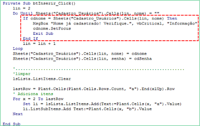 Código / Macro Macro,vba, excel, cadastro, script