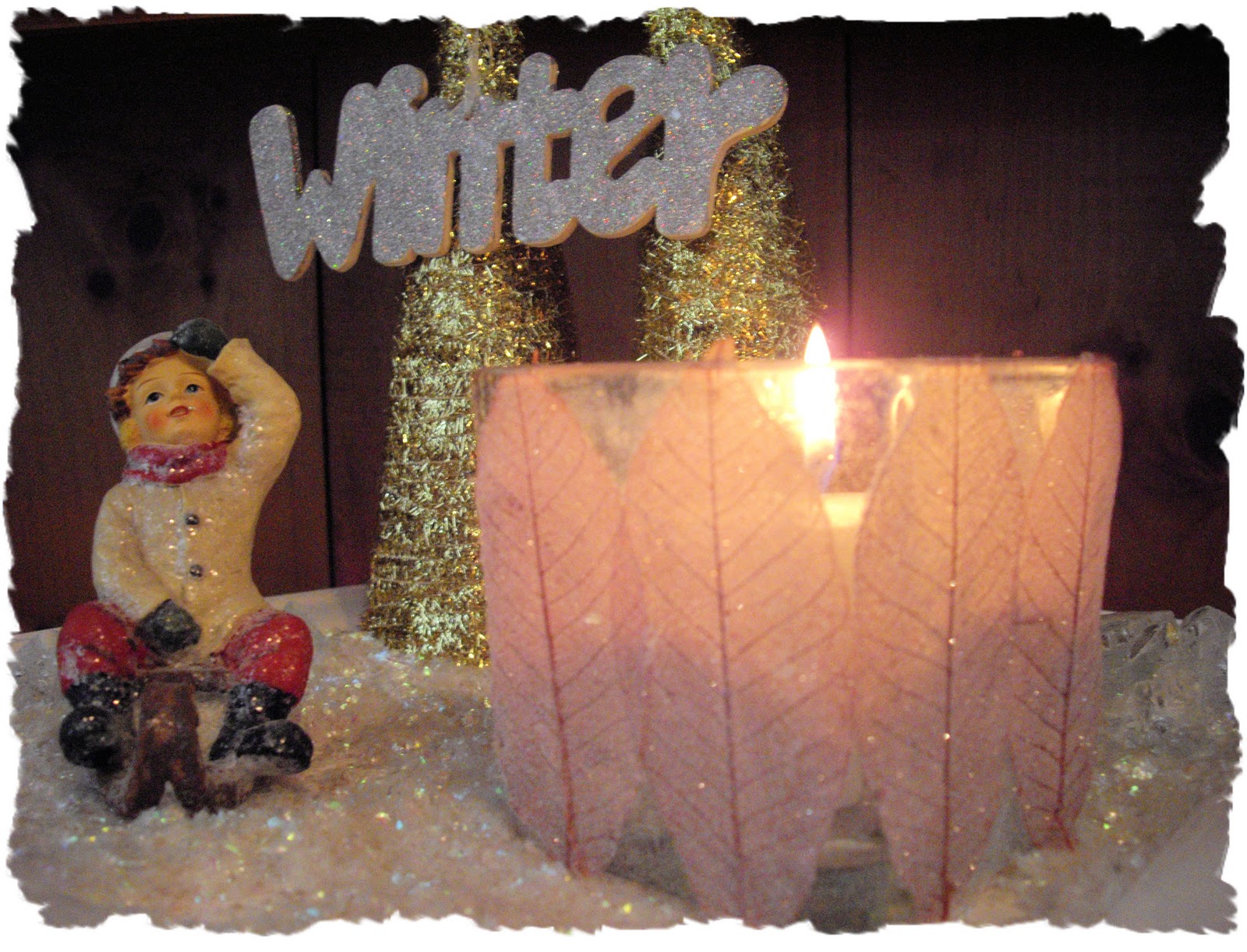 Shannon's Shanonigins Glistening Frosty Leaf Covered Candles, Votives