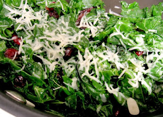 sauteed kale with garlic, cranberries, and parmesan adapted from Cinnamon & Spice