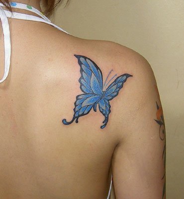 Cute Blue Colour Butterfly Tattoo on Girls Back