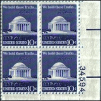 1973 JEFFERSON MEMORIAL #1510 Plate Block of 4 x 10c US Postage Stamps