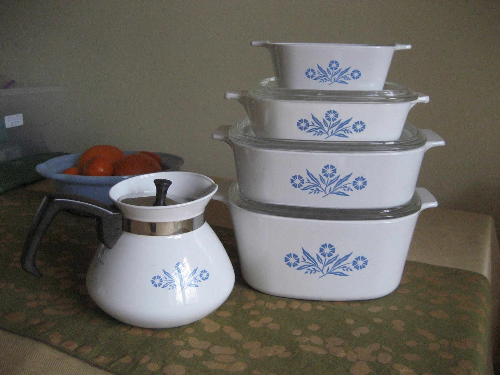 Six Balloons Vintage Delights Corningware Cornflower Casseroles and Teapot