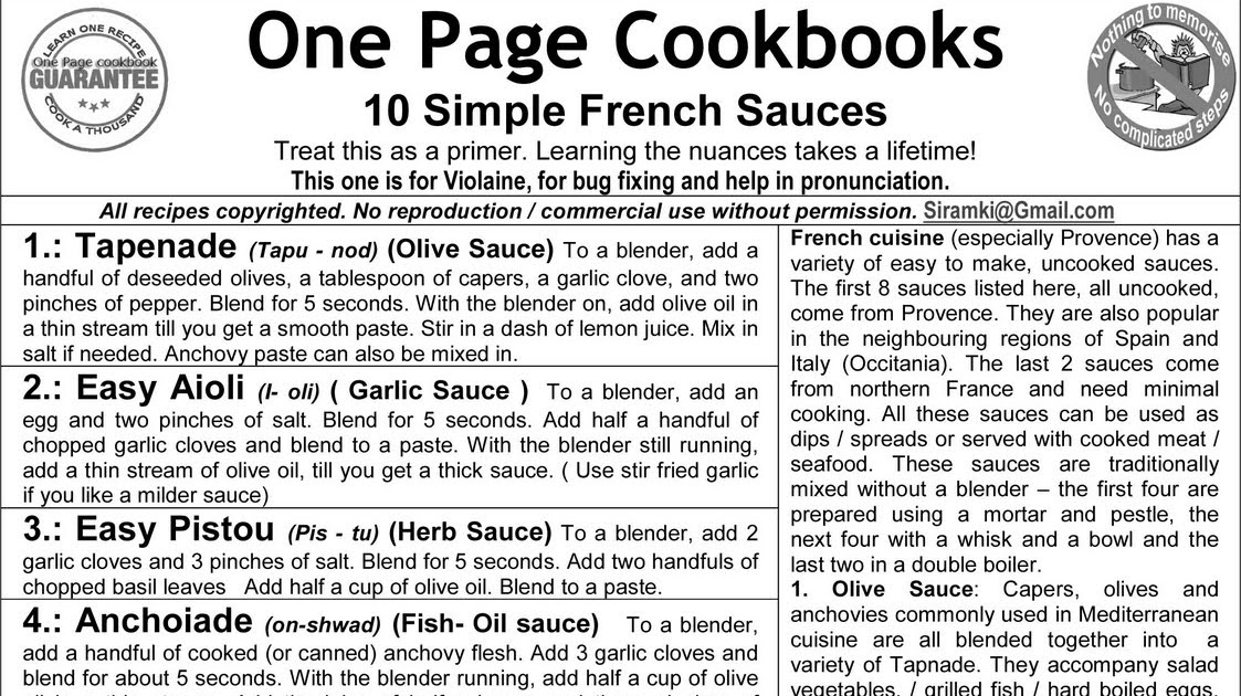 One Page Cookbooks 10 easy French sauces