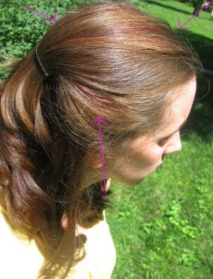 brown hair with purple streaks. rown hair with purple