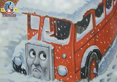 Pictures of Thomas the tank engine Bertie the Bus Christmas chilly cold winter day with heavy snow