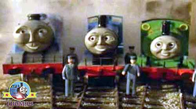Big express Gordon Percy tank and all the railway of Sodor train engines noisily blow steam trumpets