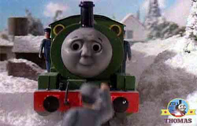 Little Percy the train making good time chilly voyage railway fog man holding a red light lantern