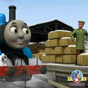 Thomas the tank engine rocketed to old farmer McColl snow frozen farm yard Farmer and sheep dog