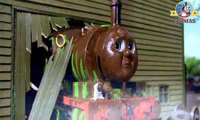 Percy the train in chocolate crunch covered from funnel to firebox in thick sticky gluey chocolate