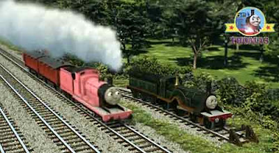 Thomas and friends James the pink engine puffed up to a junction beautiful Emily train in a siding