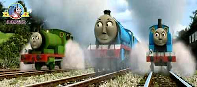 Thomas the tank engine Gordon the blue train with Percy the small engine laughed at pink James tank