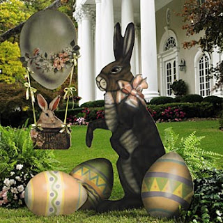 Nice Easter eggs and Cute Easter bunny dolls in the lawn of garden hot picture